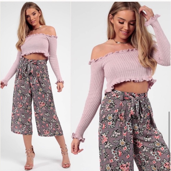 Muave Off The Shoulder Ribbed Crop Top - Picture 2 of 9